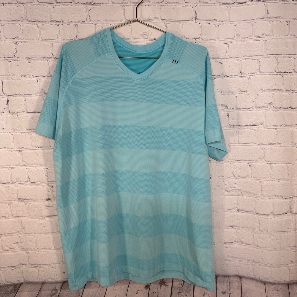Lululemon Metal Vent Tech 2.0 V-Neck Shirt Teal Blue Stripe XXL Mens